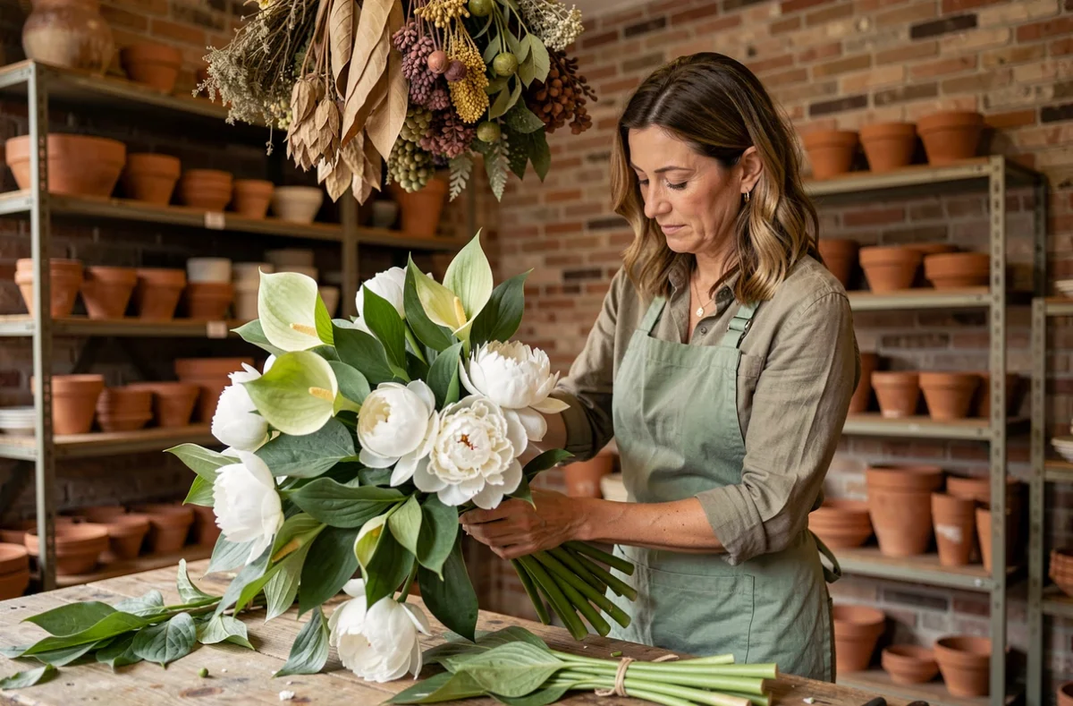 Fleuriste de la boutique Acanthe au Raincy arrangeant un bouquet d'acanthe et de pivoines blanches sur un établi en bois
