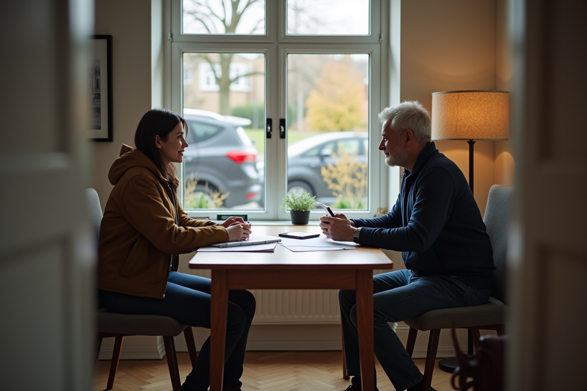 Couple discutant avec un vendeur privé dans un bureau à domicile