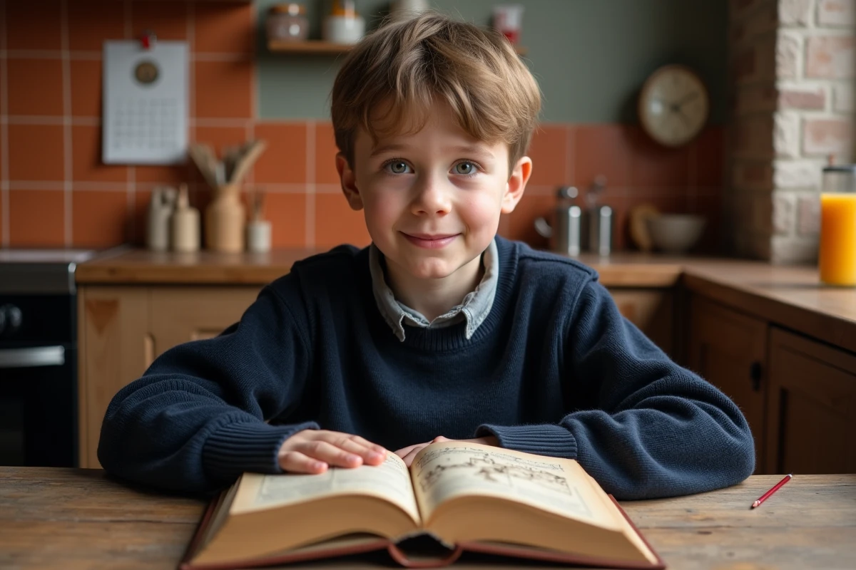 Adolescent concentré sur un roman médiéval posé sur une table de cuisine après l'école