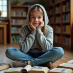 Adolescente lisant un roman historique sur le Moyen Âge dans une bibliothèque scolaire entourée de livres ouverts