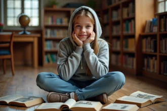 Adolescente lisant un roman historique sur le Moyen Âge dans une bibliothèque scolaire entourée de livres ouverts