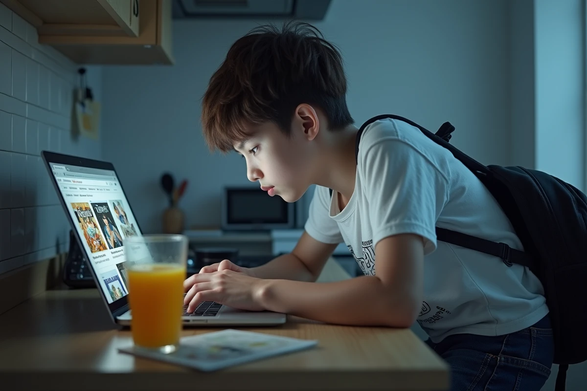Adolescent consultant des anciens chapitres de manga introuvables sur ordinateur portable