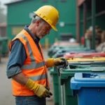 Agent de déchetterie en gilet orange triant des bacs de recyclage à l'entrée d'un centre municipal de tri des déchets