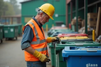 Agent de déchetterie en gilet orange triant des bacs de recyclage à l'entrée d'un centre municipal de tri des déchets