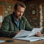 Agriculteur comparant deux versions du logiciel Simagri dans un bureau de ferme rustique