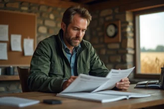 Agriculteur comparant deux versions du logiciel Simagri dans un bureau de ferme rustique