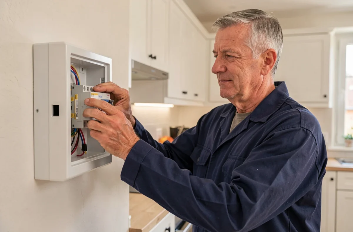 Électricien d'Allo Habitat Électricité à Montigny-lès-Metz remplaçant un disjoncteur dans une cuisine moderne