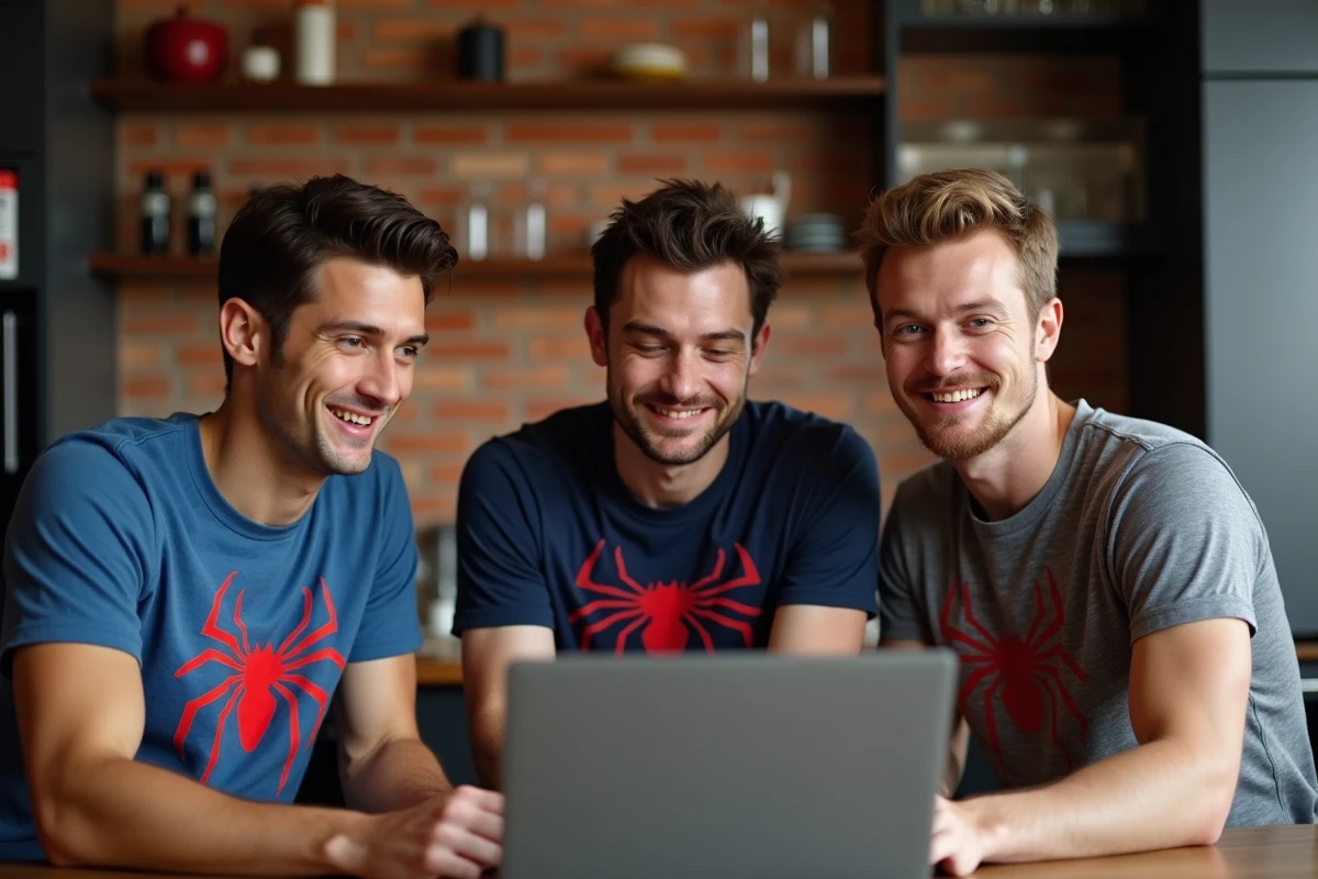 Trois amis en t-shirts Spider-Man discutant de l'ordre de visionnage des films autour d'un ordinateur portable