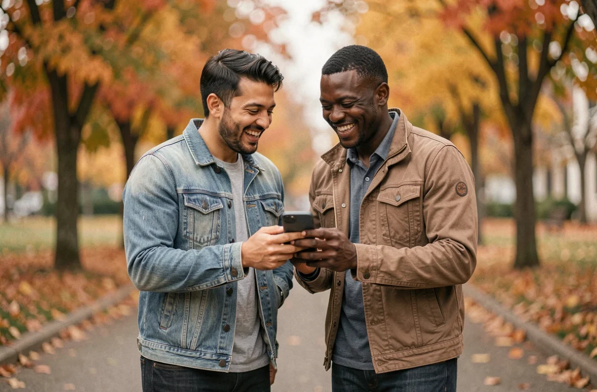 Deux amis d'origines différentes riant ensemble dans un parc urbain en automne en regardant un smartphone