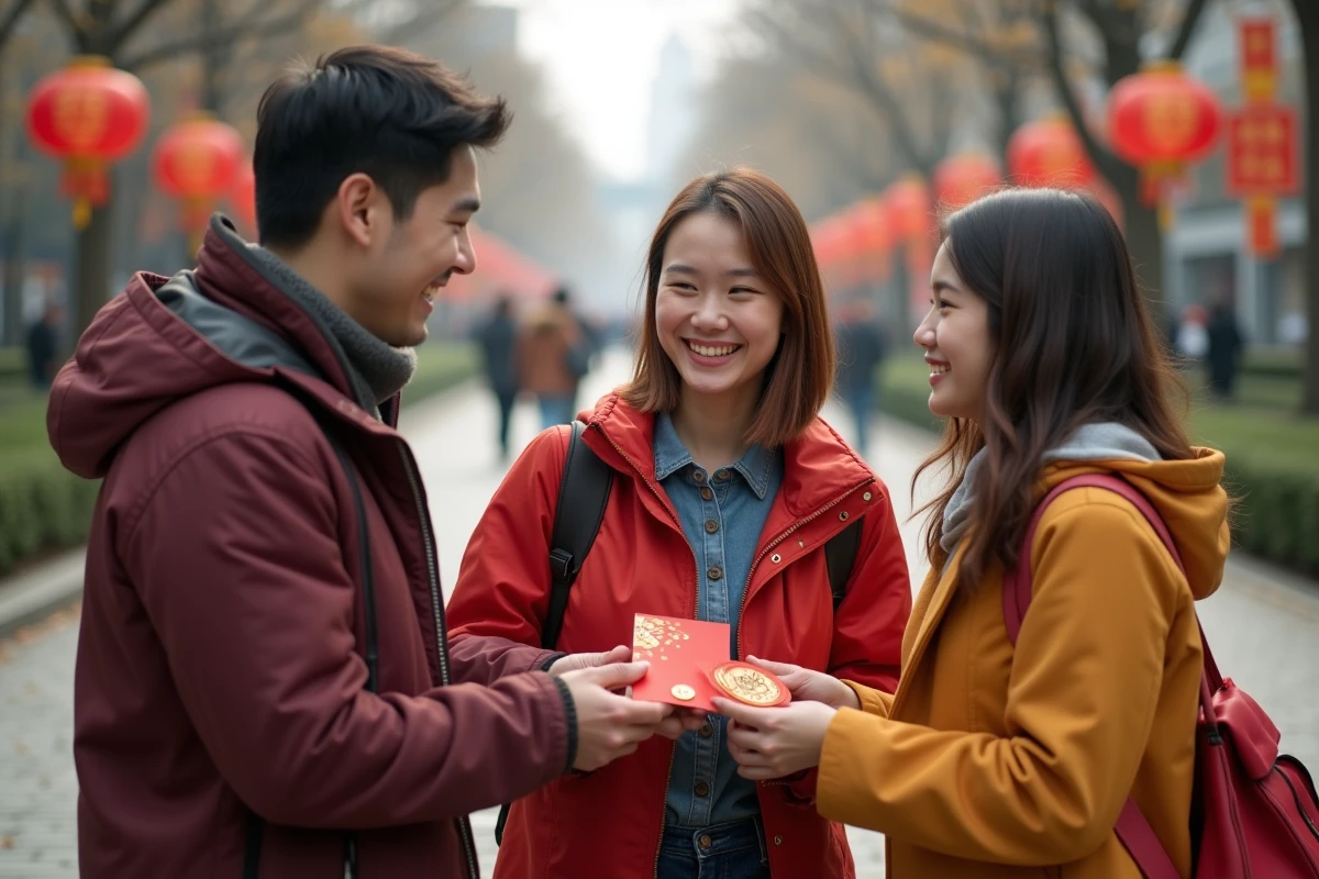 Groupe d amis échangeant des enveloppes rouges en plein air