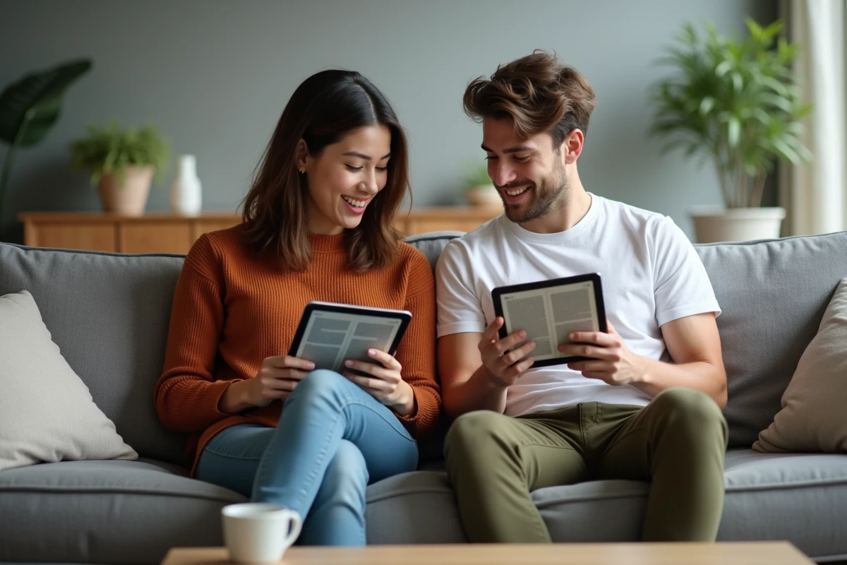 Deux amis partageant leur expérience de lecture de scans manga Just Friends sur des tablettes numériques dans un salon contemporain