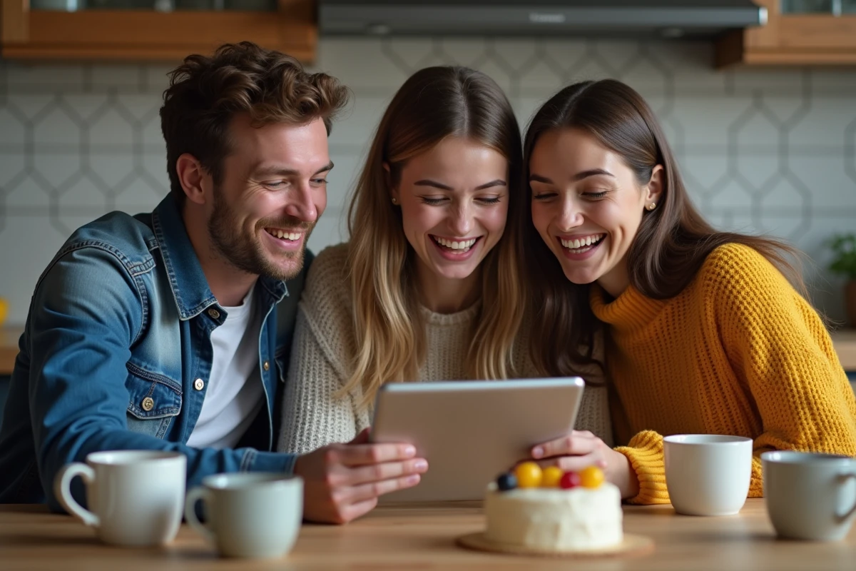 Groupe d'amis riant ensemble en cherchant des GIFs d'anniversaire rigolos gratuits sans filigrane sur une tablette