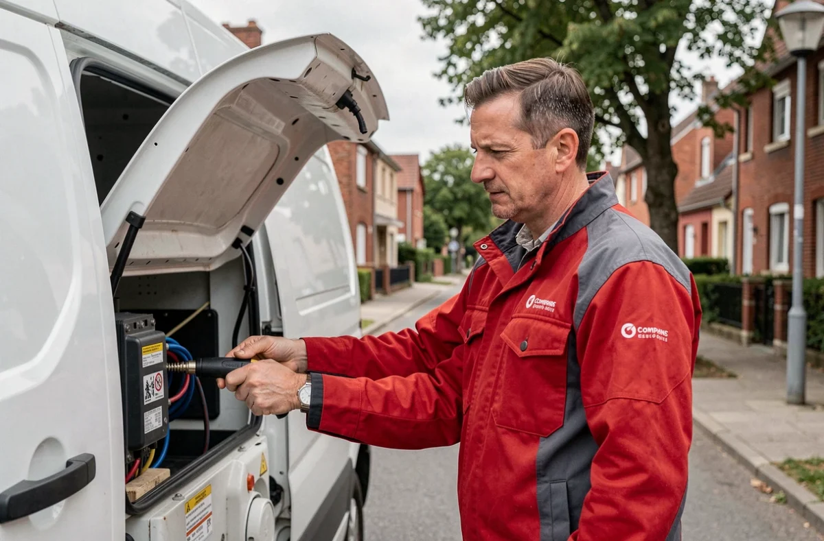 Électricien d'AMS Électricité à Moulins-lès-Metz préparant son matériel depuis son véhicule utilitaire
