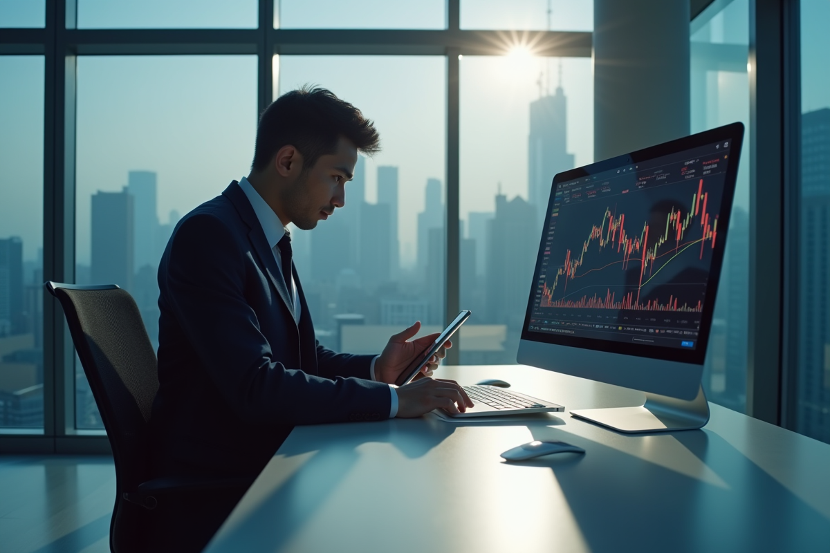 Personne analysant graphiques boursiers en déclin dans un bureau moderne