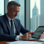 Analyste financier en costume regardant un graphique bancaire