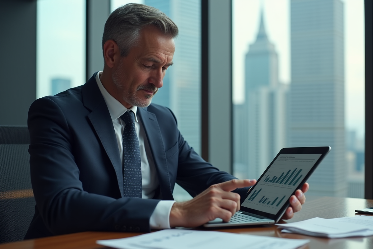 Analyste financier en costume regardant un graphique bancaire