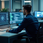 Jeune homme en chemise bleue travaillant sur des écrans de sécurité