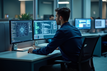 Jeune homme en chemise bleue travaillant sur des écrans de sécurité