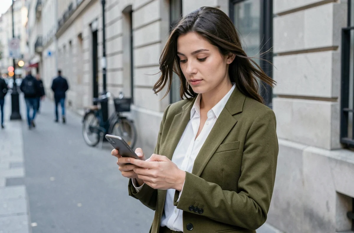 Jeune femme en ville utilisant son smartphone pour rechercher un numéro via l'annuaire 118 712