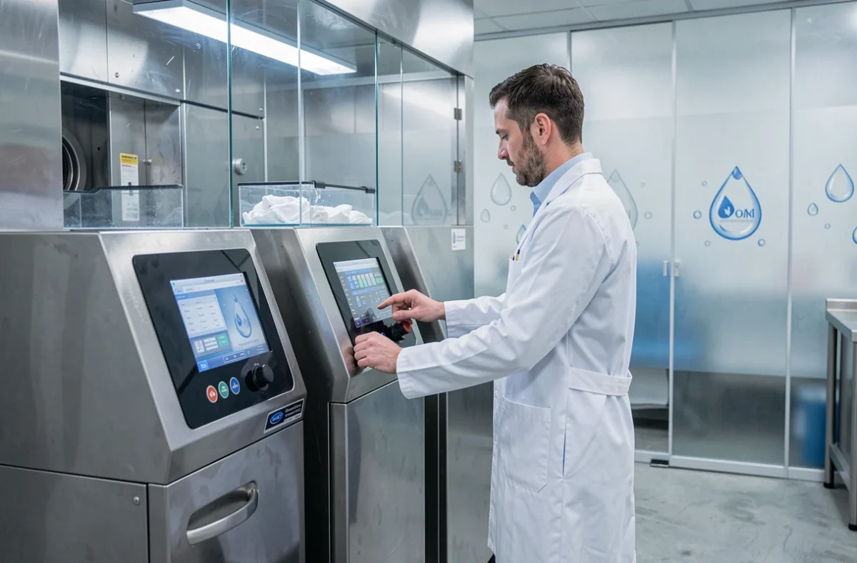 Technicien d'Aqualogia Bordeaux opérant une machine de nettoyage aqueux dans un atelier moderne