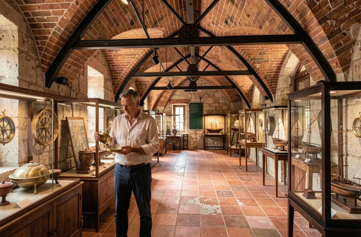 Intérieur historique de l'arsenal maritime de Toulon avec instruments navals anciens et voûtes en briques du XIXe siècle