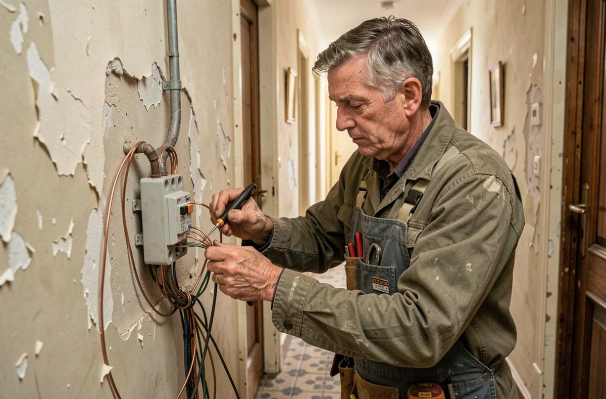 Artisan Dupont Électricité effectuant une rénovation électrique dans un immeuble ancien à Calais
