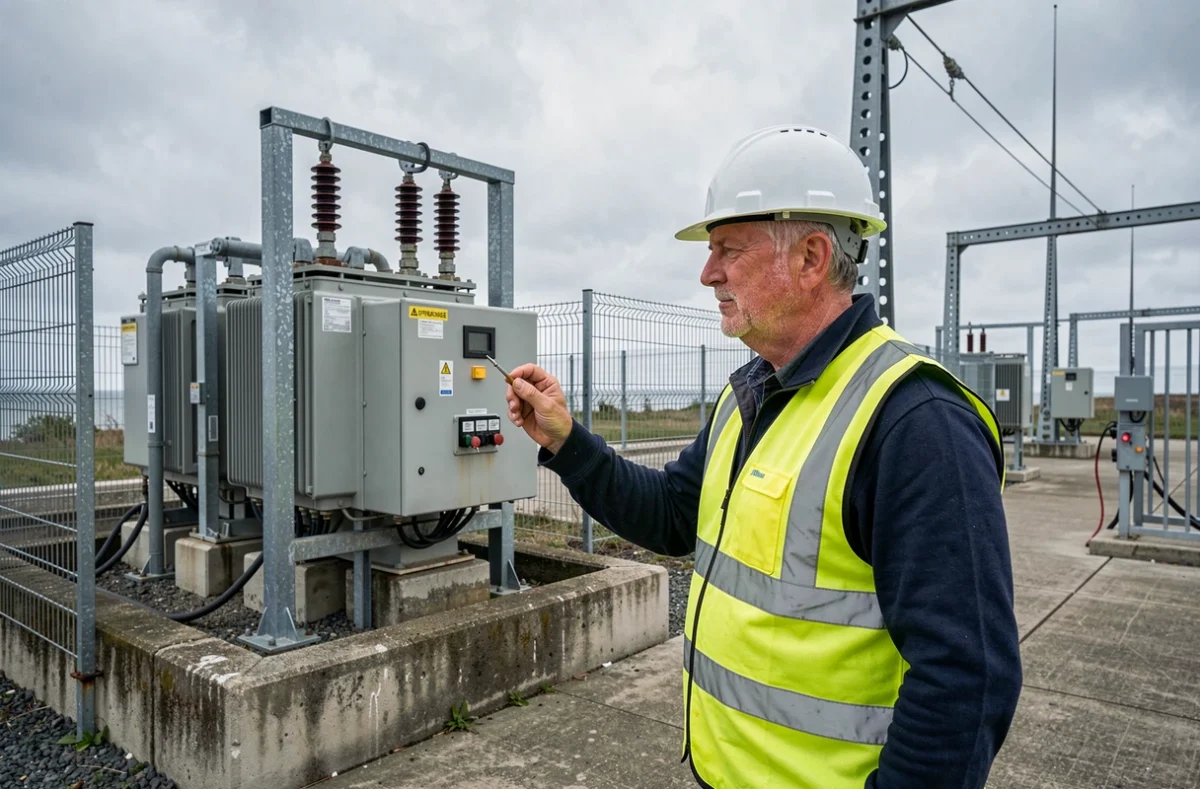 Électricien ASCODUNES inspectant un poste électrique fixe à Leffrinckoucke dans le Nord