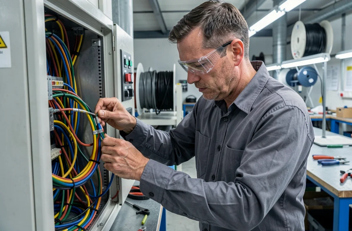 Technicien ASSISTECH MAINTENANCE effectuant un câblage industriel sur armoire électrique à Neuf-Mesnil