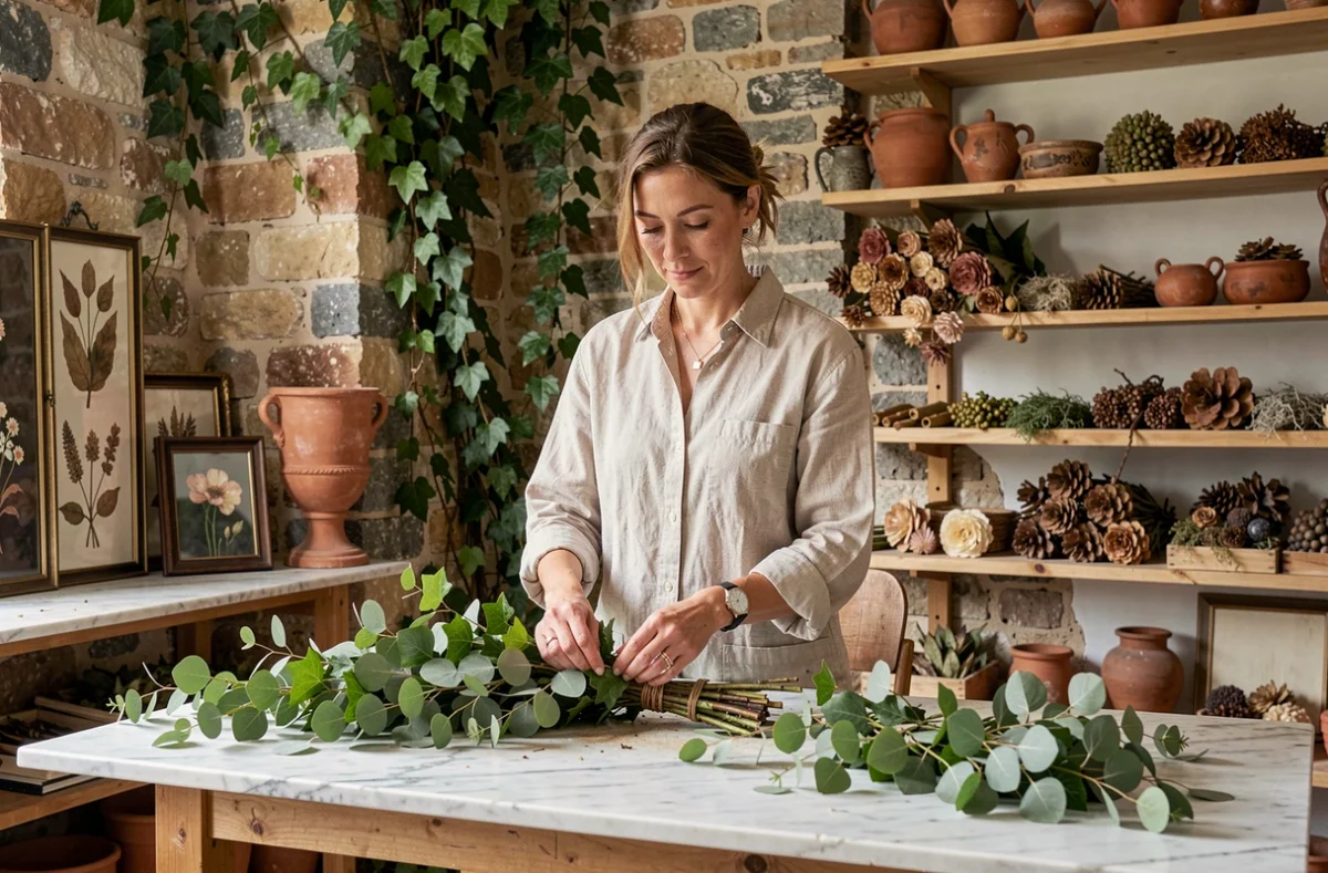 Designer florale de l'Atelier Hedera au Blanc-Mesnil arrangeant une guirlande de lierre et d'eucalyptus sur une table en marbre dans un atelier artistique