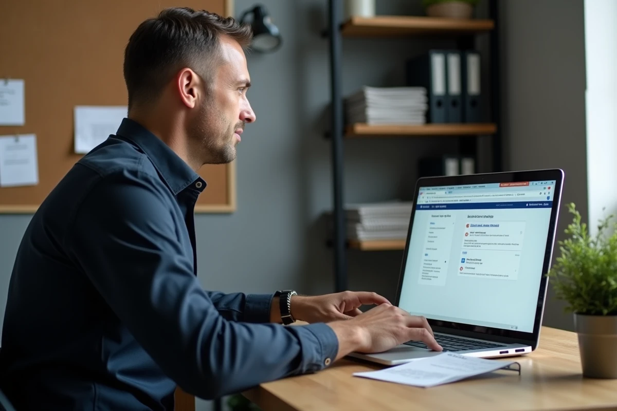 Homme vérifiant l'authenticité d'un numéro de suivi DPD sur un ordinateur portable dans un bureau à domicile avec une étiquette de colis