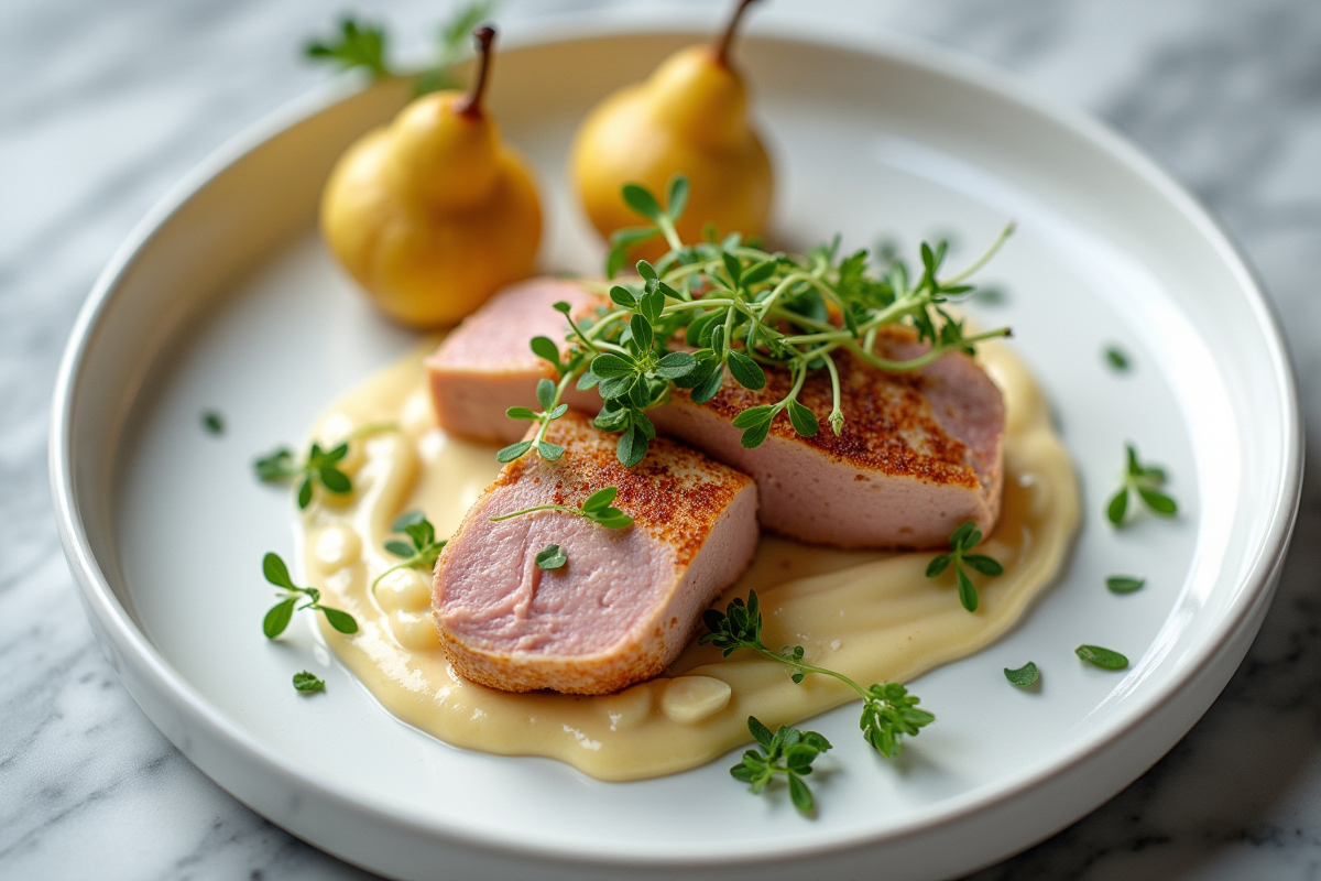 Boudin blanc avec poires rôties au romarin et microgreens