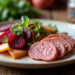 Assiette de boudin blanc tranché avec salade de betterave et pomme