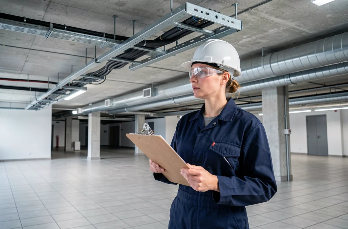 Électricienne de Boxelec à Metz inspectant un chemin de câbles dans un bâtiment commercial