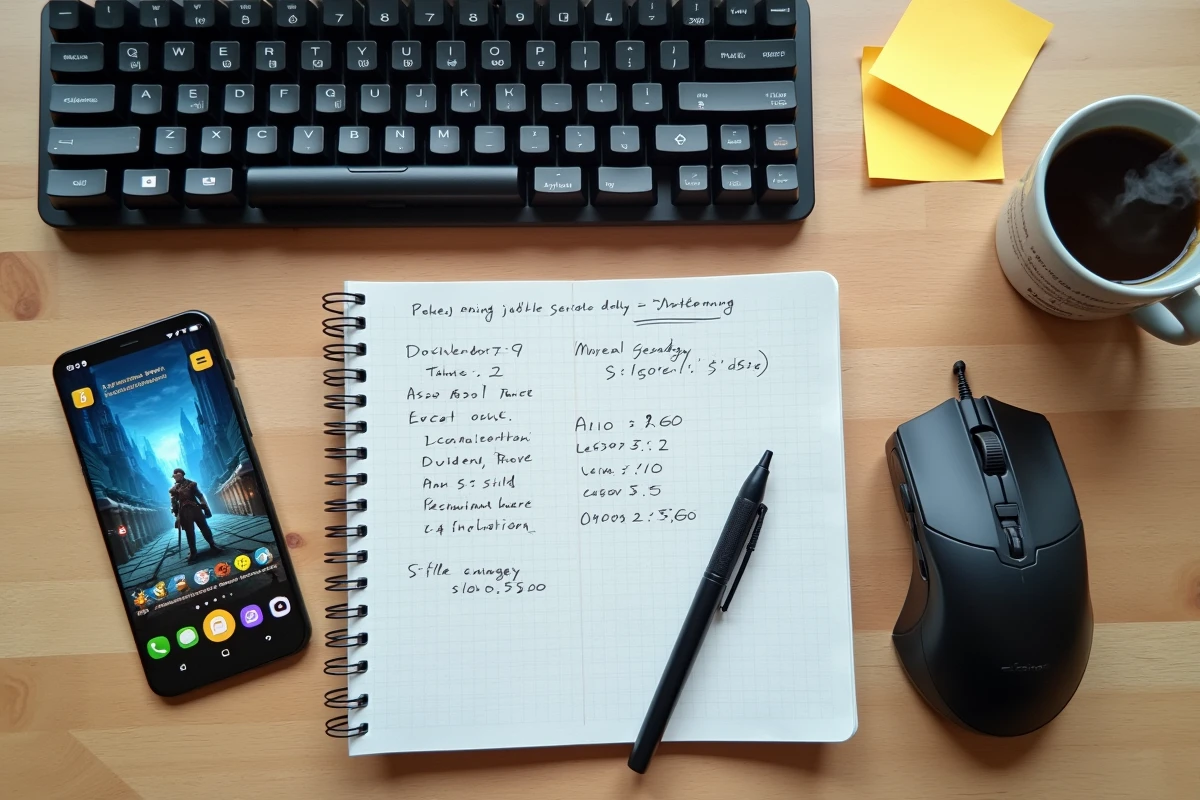 Vue aérienne d'un bureau de gamer avec notes de stratégie et interface de jeu MMORPG pour optimiser l'XP et les kamas