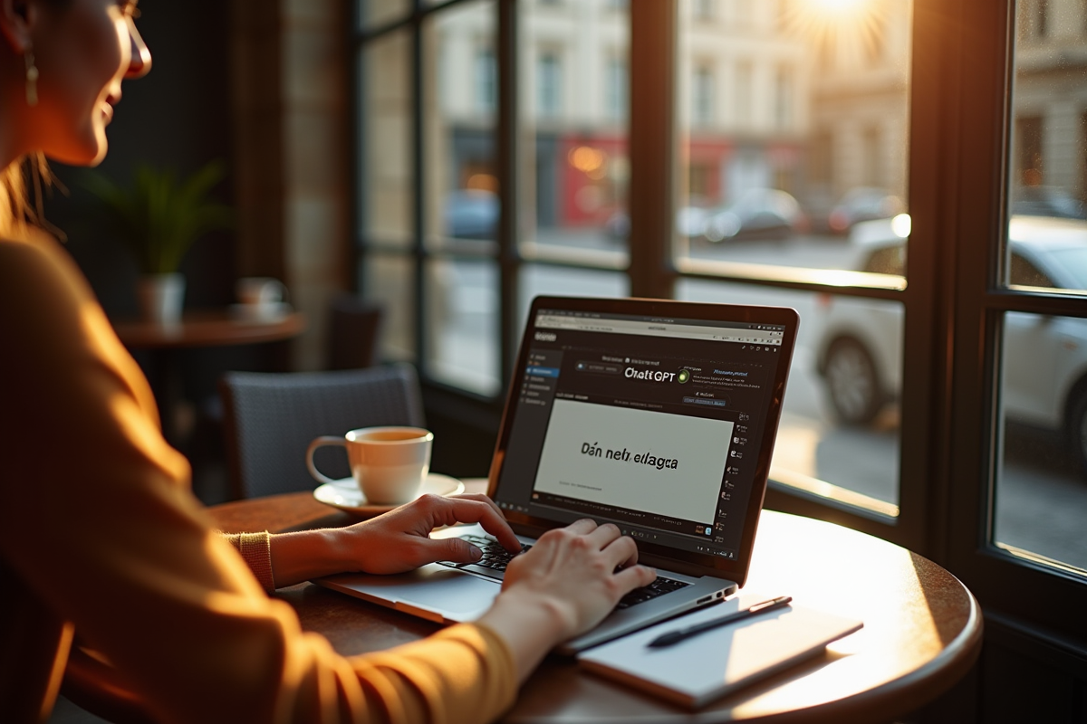 Personne utilisant chatgpt dans un café français ensoleille