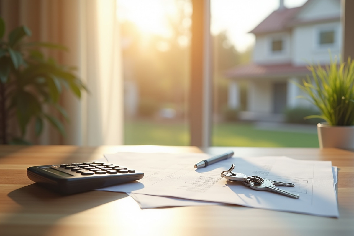 Calculatrice et papiers fiscaux avec clés de maison sur une table