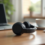 Casque Bluetooth haut de gamme sur un bureau moderne