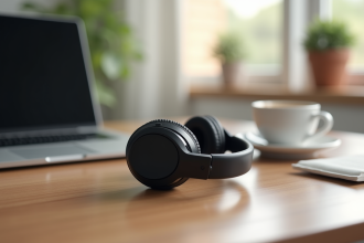 Casque Bluetooth haut de gamme sur un bureau moderne