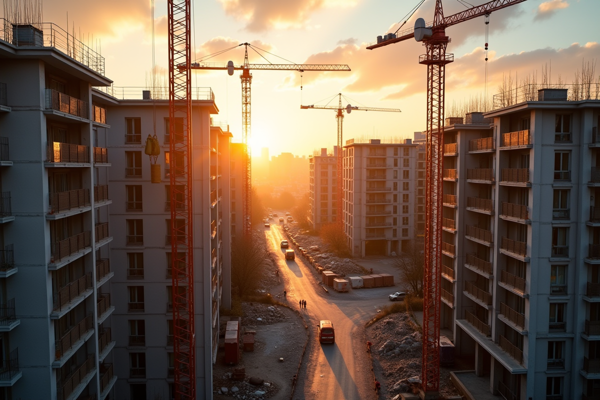 Chantier de construction urbain à Cesson Sevigne au coucher du soleil