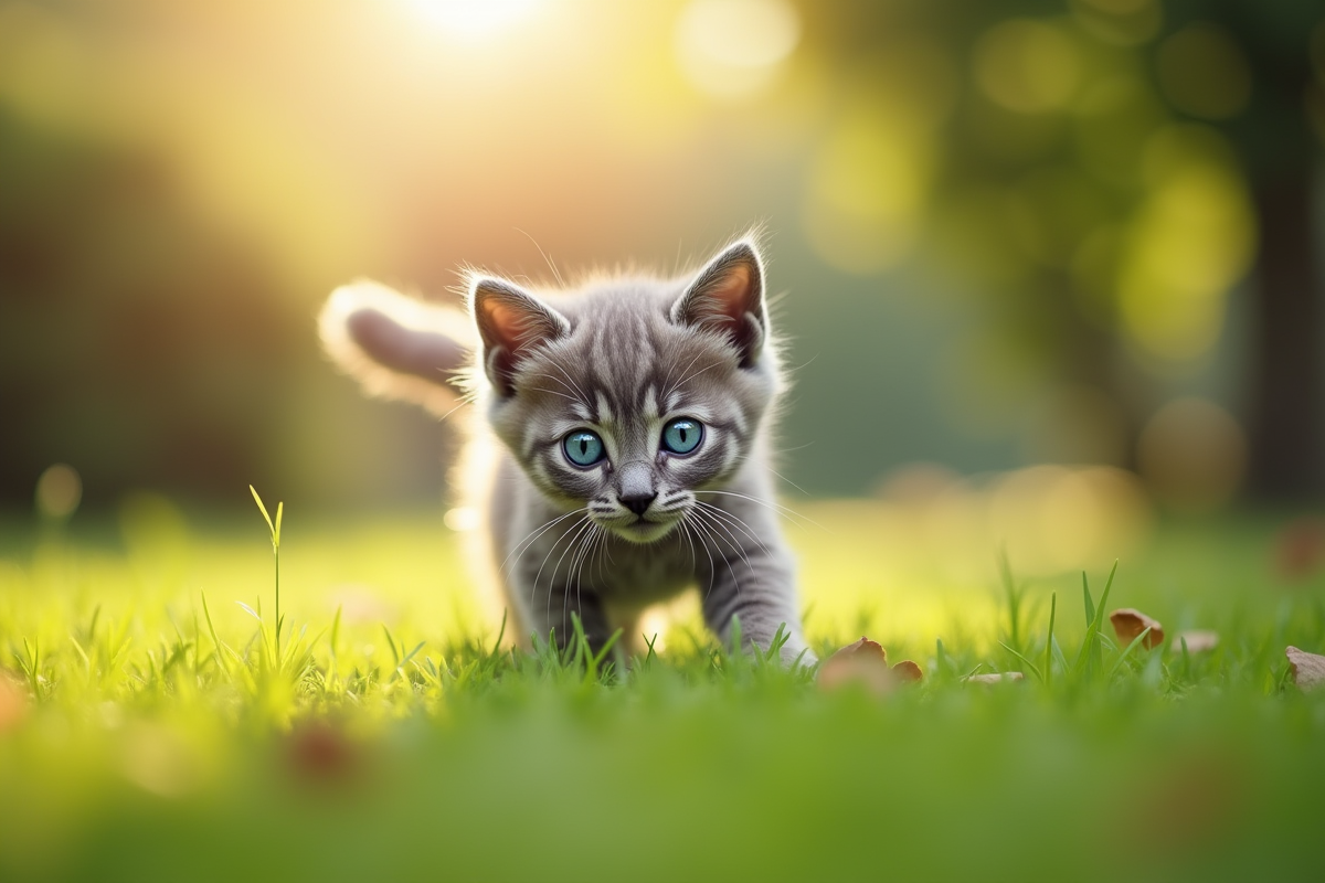 Chaton gris explorant un jardin ensoleille avec ses yeux bleus