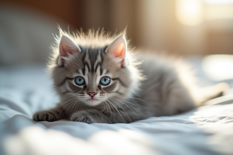 Chaton gris aux yeux bleus sous la lumière du matin