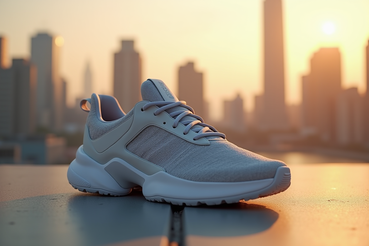 Sneaker streetwear innovante sur surface en béton en lumière dorée