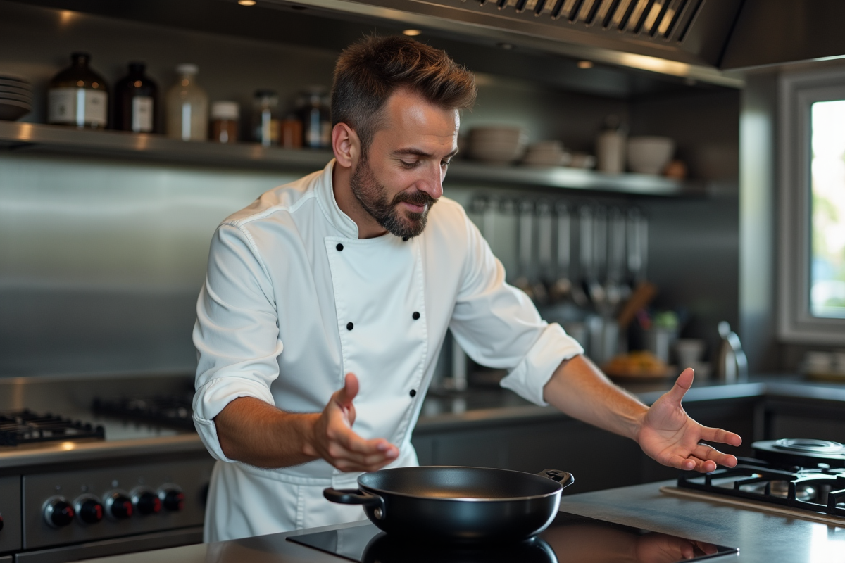 Chef en uniforme explique avec une casserole en cuisine professionnelle