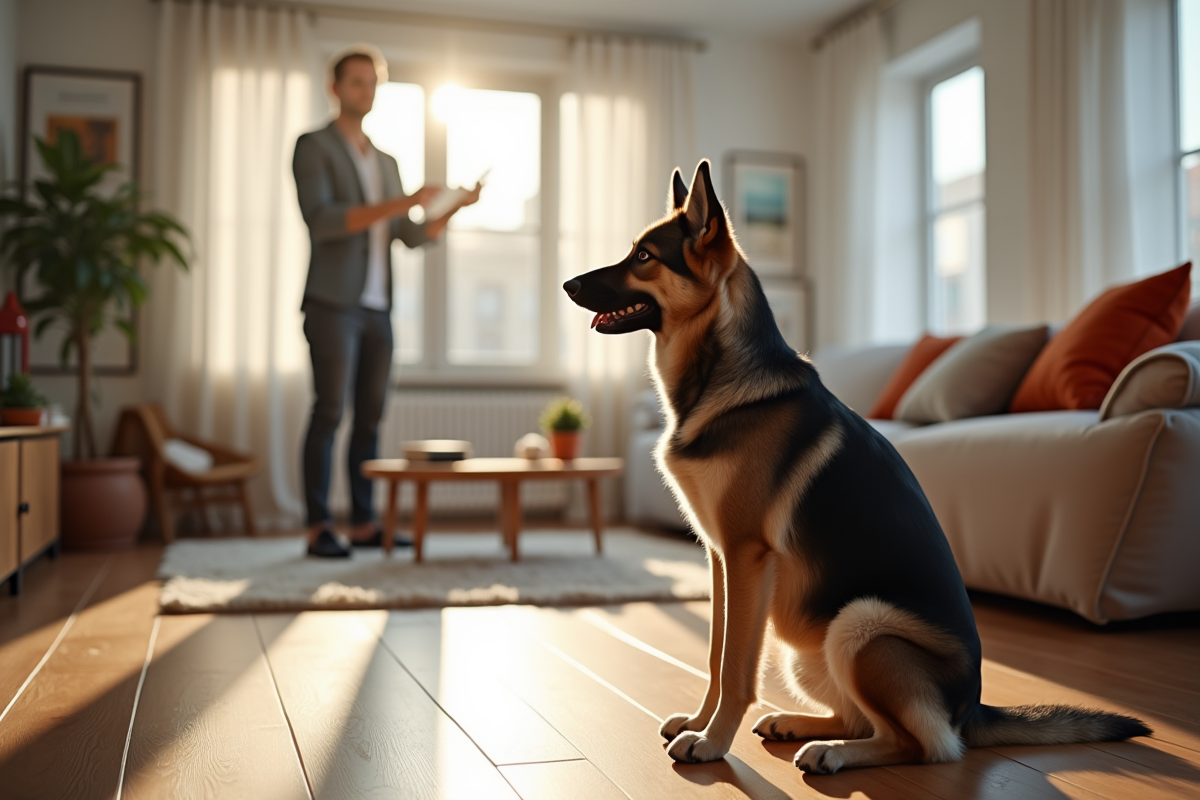 Chien berger allemand husky adulte apprenant commandes en interieur lumineux