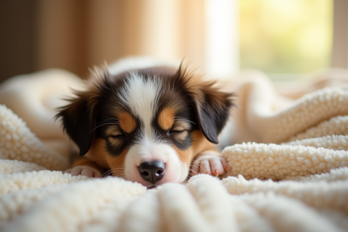 Chiot Australian Shepherd dormant sur une couverture beige à la fenêtre