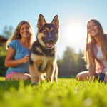 Chiot berger allemand husky jouant avec famille dans jardin ensoleille