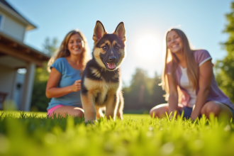 Chiot berger allemand husky jouant avec famille dans jardin ensoleille