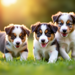 Groupe de chiots Australian Shepherd jouant dans un jardin ensoleille