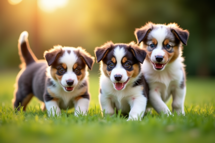 Groupe de chiots Australian Shepherd jouant dans un jardin ensoleille