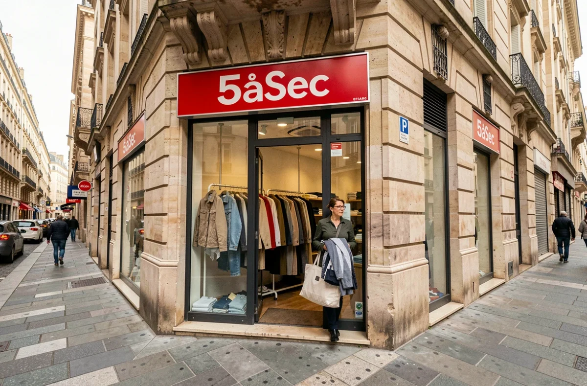 Devanture du pressing 5àSec Bordeaux avec une cliente entrant dans la boutique en centre-ville